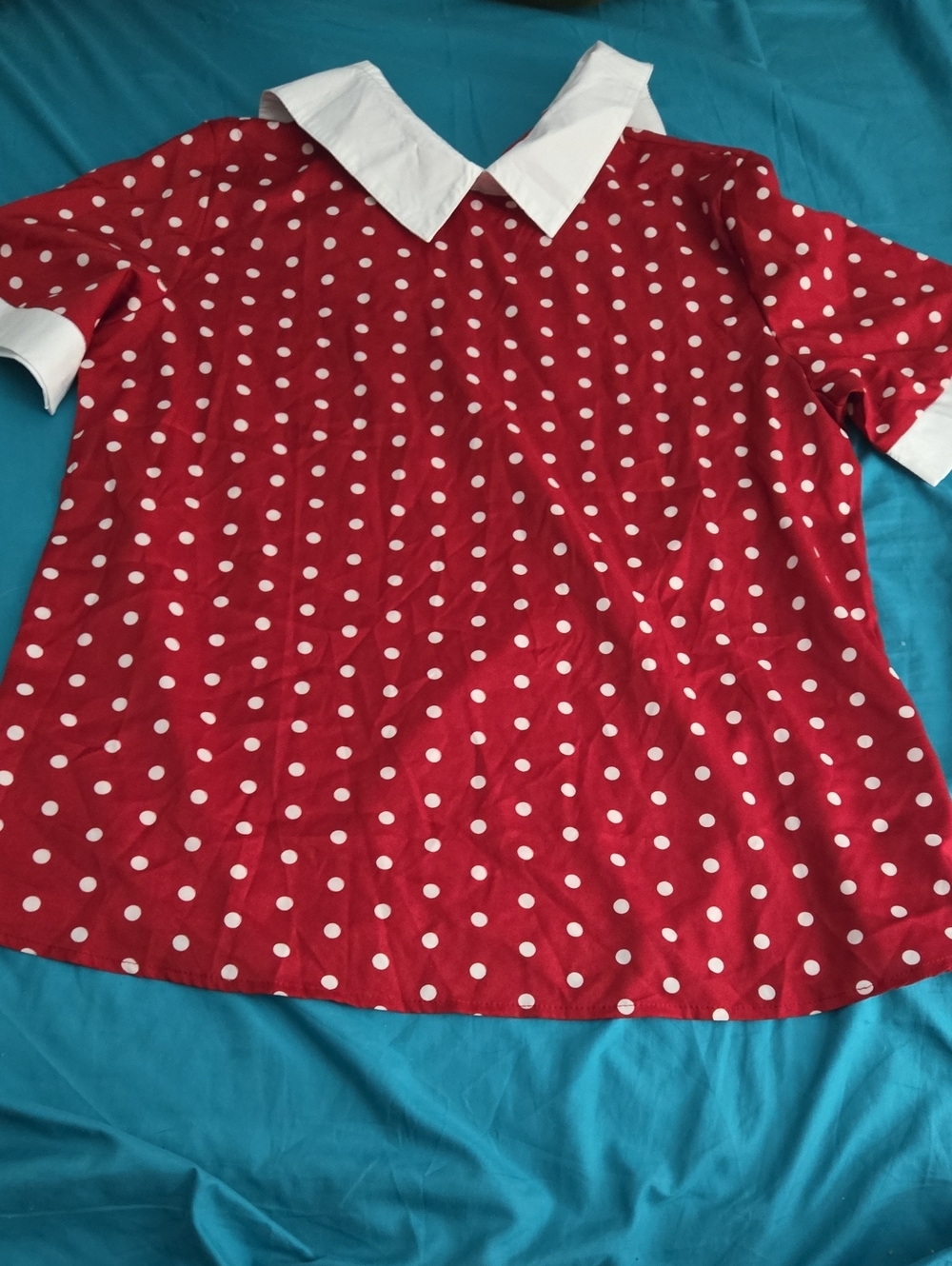 Red Polka Dot Womens Top with White Collar L